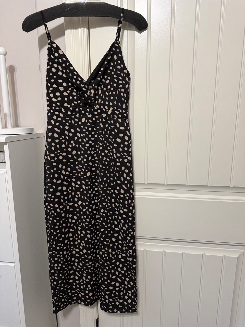 Francesca's Collections Black Midi Slip Dress with Beige Spot Print